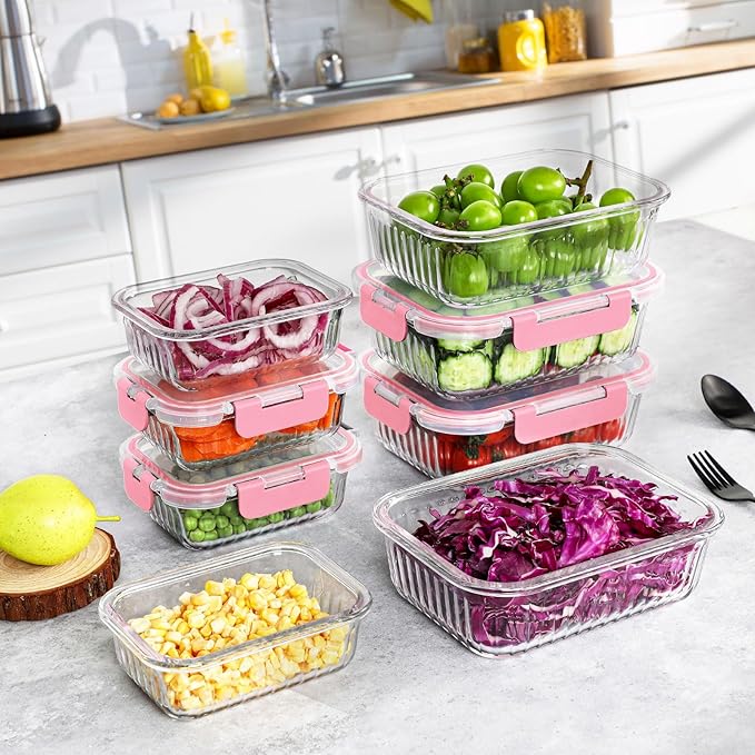 KOMUEE 10 Packs Glass Meal Prep Containers with Lids, Glass Food Storage Containers Set, Airtight Lunch Containers, Microwave, Oven, Freezer and Dishwasher Safe, Pink