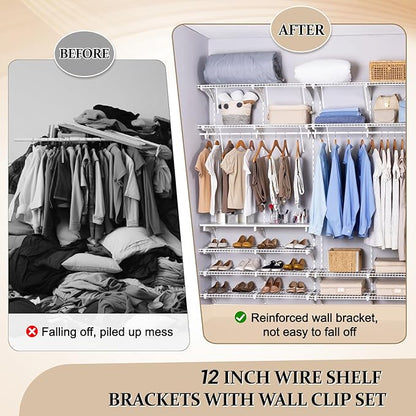 3 Pack 12 Inch Support Brackets for Wire Shelving Wire Shelf Brackets +12 Pcs Wire Shelf Clips, with Anchors and Pins for Installation Wire Shelving Support Brackets for Support Closet Wire