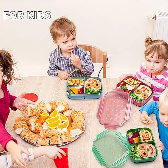 Wheat Straw Lunch Box, Leakproof 3-Compartment Bento Box for Kids & Adults, BPA-Free Lunch Containers, Microwave & Dishwasher Safe, 5.5 Cup (Muted Red)