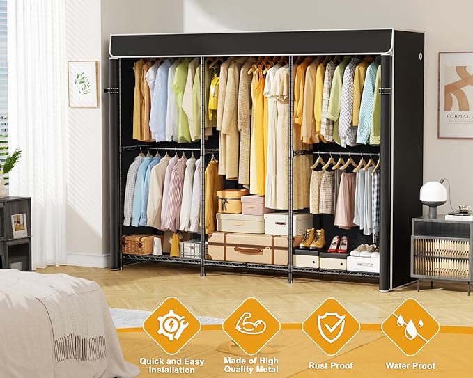 E14C Pro Heavy Duty Closet Organizer System，Freestanding Clothing Racks for Hanging Clothes，Adjustable Garment Rack 70.1"W × 16.6"D × 76.4"H Hold 960 lbs，Black Rack with Black Dustproof Cover