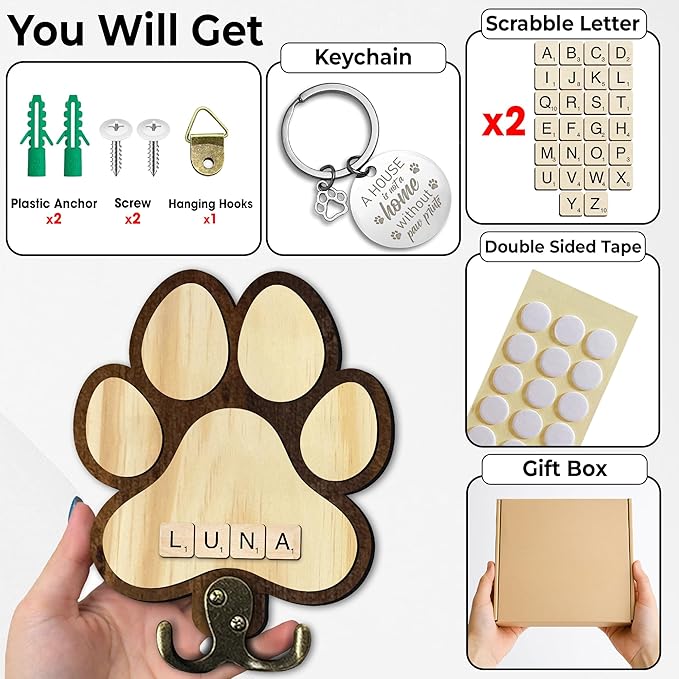 Dog Leash Holder for Wall Mount with Scrabble Letters, Wooden Paw Print Wall Hook, Pet Collar and Harness Organizer for Entryway, Key Hook Gift for Pet Lovers & Dog Owners, Home Decor PF283