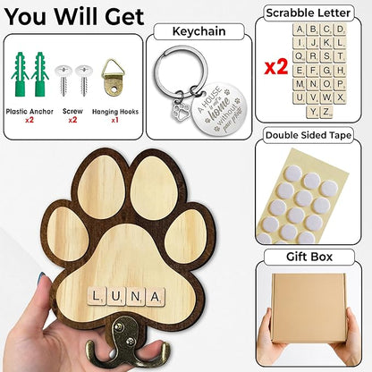 Dog Leash Holder for Wall Mount with Scrabble Letters, Wooden Paw Print Wall Hook, Pet Collar and Harness Organizer for Entryway, Key Hook Gift for Pet Lovers & Dog Owners, Home Decor PF283