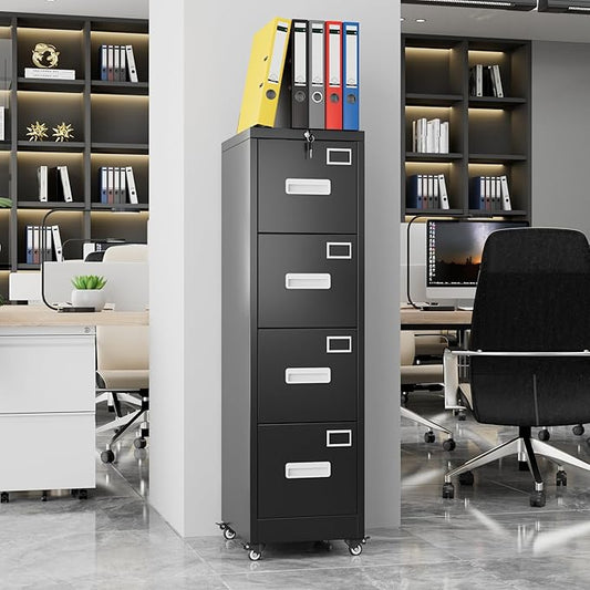 Aobabo 4 Drawer File Cabinet with Lock and Wheels, Metal Vertical Filing Cabinet with Anti-Tilt Interlock System for Home Office, Fits Letter/Legal Size, Black,Required Assembly