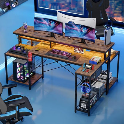 Bestier 71.5 inch Computer Desk with Power Outlets, LED Large Home Office Desk with Monitor Stand, L Shaped Corner Desk with Printer Stand Adjustable Shelf, Cup Holder & Headset Hooks, Brown