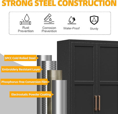 61"H Metal Pantry Cabinet with 2 Doors and 3 Adjustable Shelves,Food Storage Cabinet with Gold Handle for Kitchen,Dinning Room,Home Office,Living Room,Easy Assembly (Black,61"H x13.8"D x27.6"W)