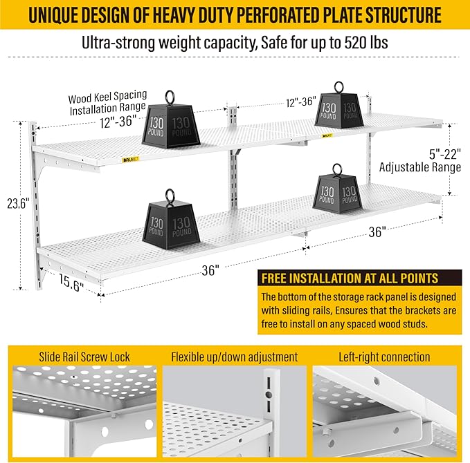 2-Pack 2 Tier 1.3x3ft Garage Shelving Wall Mounted, 15.6x36inch per Shelf Height Cassette Adjustable Floating Shelves (White)