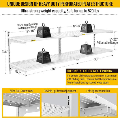 2-Pack 2 Tier 1.3x3ft Garage Shelving Wall Mounted, 15.6x36inch per Shelf Height Cassette Adjustable Floating Shelves (White)