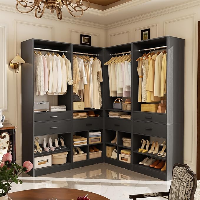 Unikito Closet System, 8.3FT Closet Organizer with 6 Wooden Drawers, Hanging Rods, Adjustable Shoe Rack and Cube Storage, Easy Assembly Wardrobe Tower, Set of 4, Black