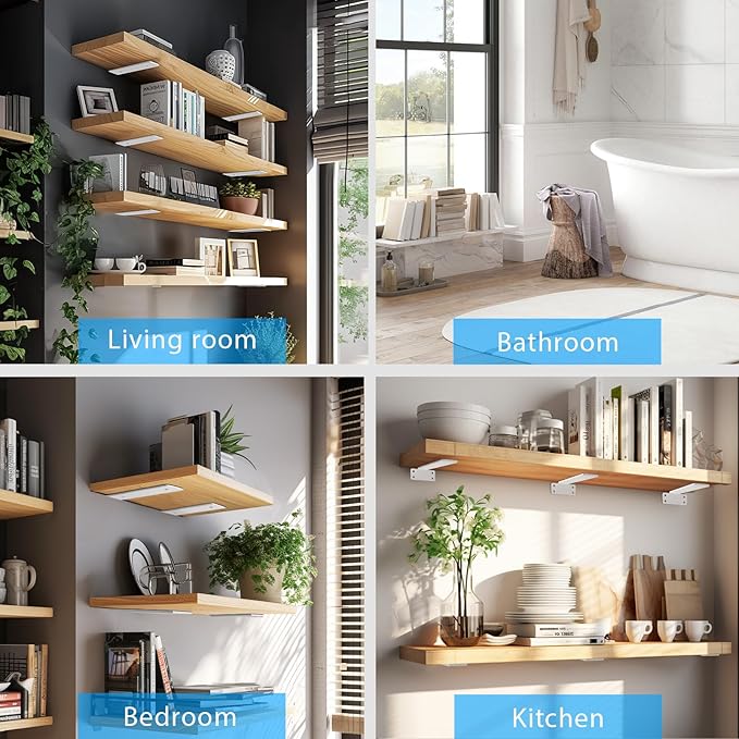 Shelf Brackets, Heavy Duty Floating Shelf Brackets 12-Inch Long, 6-Pack Brackets for Shelves, Matte White L Hidden Metal Wall Shelf Support Shelving Brackets, 1/5-Inch Thick 160 lb. Load Capacity
