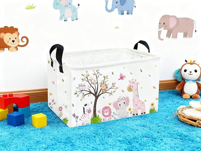 Essme Rectangular Animal Baskets,Pink Storage Basket with Handles for Girls Room Decor,Cute Storage Bin（Pink animal）