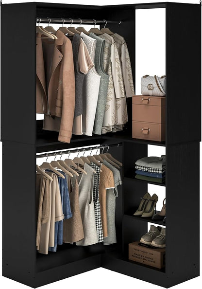 Unikito Corner Closet System, 36” Large Freestanding Closet Organizer Tower with 2 Hanging Rods and Storage Shelves, Sturdy Walk in Closet Kits for Bedroom and Entryway, 36" W x 36" D x 80" H, Black