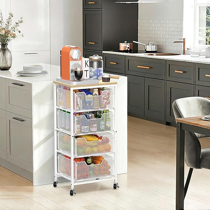 Rolling Cart with Drawers, 4-Tier Utility Cart Storage Organizer with Lockable Wheels, Metal Craft Storage Cart with Wooden Top for Kitchen, Bathroom, School, Studio, Office, Bedroom, White
