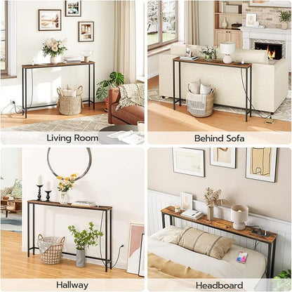 HOOBRO Skinny Console Table with Power Outlets and USB Ports, Table with Charging Station and 39.4" Skinny Console Table, for Entryway, Hallway, Foyer, Rustic Brown BF15XG01G1-BF51UXG01