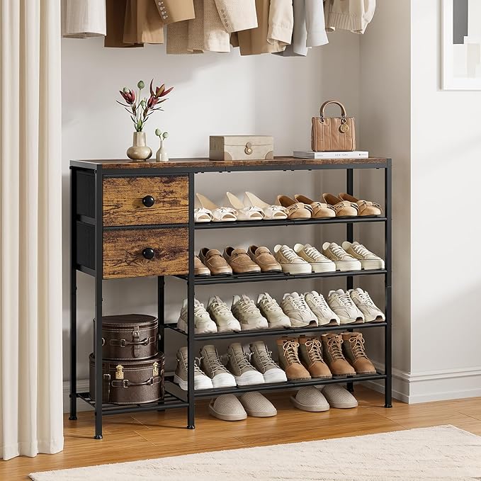 5-Tier Shoe Rack with 2 Fabric Drawers, Metal Frame and Wooden Board Shoe Organizer for 16-20 Pairs of Shoes, Shoe Shelf with Boots Storage for Entryway Closet Rustic Brown