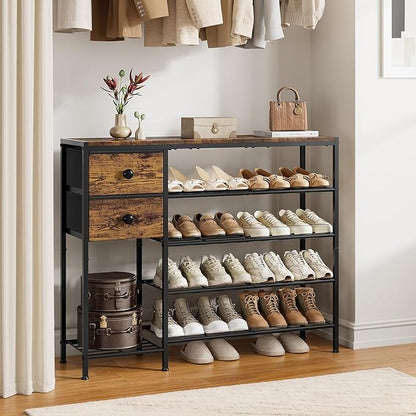 5-Tier Shoe Rack with 2 Fabric Drawers, Metal Frame and Wooden Board Shoe Organizer for 16-20 Pairs of Shoes, Shoe Shelf with Boots Storage for Entryway Closet Rustic Brown