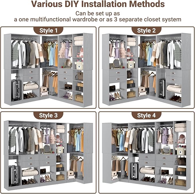 Armocity Freestanding Closet System with 3 Sets, 110'' Reversible Stand-alone Wardrobe, 80'' Height Cloth Garment Organizer, Walk-in Closet with Hanging Rod, 71"L x 71"W x 80"H, Load 2500 LBS, Grey