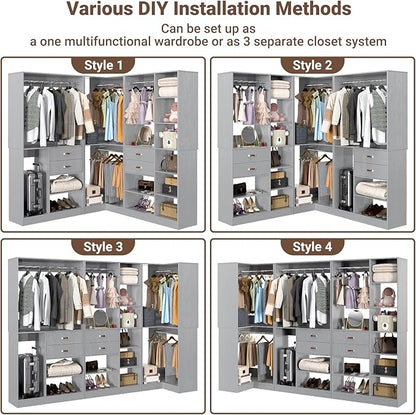 Armocity Freestanding Closet System with 3 Sets, 110'' Reversible Stand-alone Wardrobe, 80'' Height Cloth Garment Organizer, Walk-in Closet with Hanging Rod, 71"L x 71"W x 80"H, Load 2500 LBS, Grey