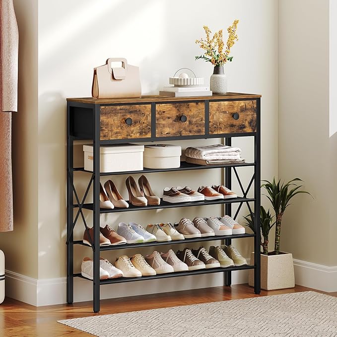 5-Tier Shoe Rack with 3 Drawers, Metal Shoe Organizer for 20 Pairs with Storage Shelves and Wooden Top, for Entryway, Hallway, Foyer, Closet, Rustic Brown and Black SS35BR