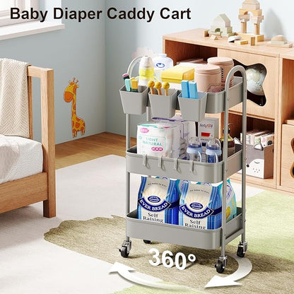 3 Tier Gray Metal Rolling Cart, Mesh Storage Cart with Handle and Lockable Wheels, Multifunctional Three Tiered Utility Organizer Carts for Kitchen, Office, Bathroom, Craft, Art, Snack, Baby Supplies