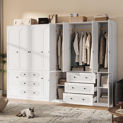 4 Doors Freestanding Armoire Wardrobe Closet, 72" White Wardrobe Armoire Wooden Closet Large Capacity Storage with 3 Drawers & 3 Hanging Rod Shelves Clothes Organizer