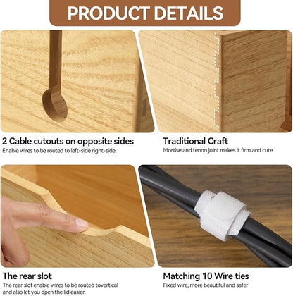 KIRIGEN Cable Management Box Wooden Cord Organizer Hide Power Strip Desk Wires Protector for Home Office TV Computer (DXH2T-NA)