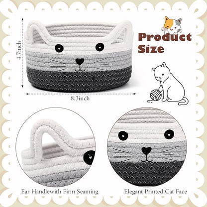 Zopeal Cat Basket Storage Woven Organizer with Ears Easter Decorative Gift Pet Toy Cute Cotton Rope Basket for Gift Cat Dog Toy Bin Nursery Room(8.3 x 4.7 Inch,White, Light Gray and Gray)