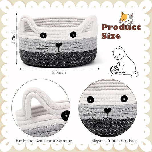 Zopeal Cat Basket Storage Woven Organizer with Ears Easter Decorative Gift Pet Toy Cute Cotton Rope Basket for Gift Cat Dog Toy Bin Nursery Room(8.3 x 4.7 Inch,White, Light Gray and Gray)