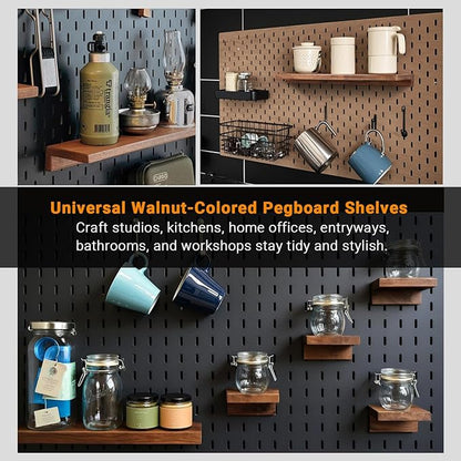 Pegboard Shelf Set Compatible with IKEA Skadis Pegboard - Walnut Finish Wood Shelves, 4-Pack No Assembly Pegboard Wall Organizers