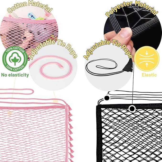 Ofiray-home Stuffed Animal Hammock, Bedside Stuffed Animal Storage Net Corner - Kids Nursery Wall Bedroom Home Decor, Cotton Bedside Toy Organizer Net with Tether, Stretches up to 36 In, Pink