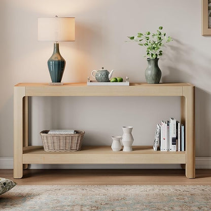 59-Inch Long Console Table, Modern Farmhouse 2-Tier Console Table, Elegant Minimalist Design with Premium Wood Veneer and Rounded Corners for Entrance, Hallway, Living Room (Natural-880)