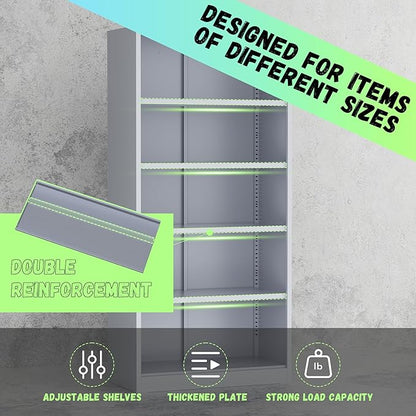 Bonusall 72" Metal Garage Storage Cabinet, 2 Locking Doors & 4 Adjustable Shelves Tall Storage, Heavy Duty Steel Tool Cabinet for Home, Office, Warehouse, School - Grey