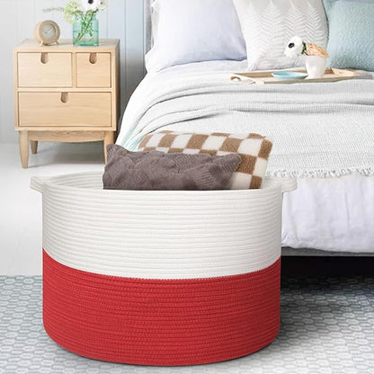 Large Red Baskets for Storage, 22x14 Wicker Woven Storage Basket, Blanket Organizer, Kids Toy Bin Box, Bathroom Beach Towel Basket, Basket for Gifts Decor, Fireplace Living Room Decoration