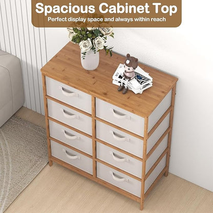 Giantex 8 Drawers Dresser for Bedroom, Bamboo Fabric Storage Tower with Removable Fabric Bins, Chest of Drawers, Storage Organizer for Closet Living Room Hallway (16" D x 31.5" W x 37" H)