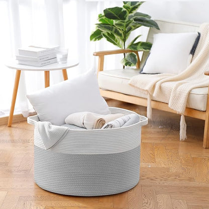 XXXL Large Cotton Rope Storage Bin, 22" X 14" Basket for Blankets Living Room, Woven Baby Kids Toy Storage Bin Box, Giant Throw Pillow Organizer Holder, Large Wicker Basket for Shoes, Gray