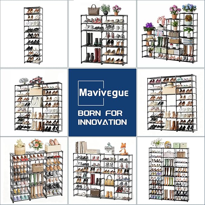 Mavivegue 3 Row 12 Tiers Shoe Rack, Large Storage Space, Metal Shoe Rack Organizer for Entryway, Closet, Bedroom, Garage,Black