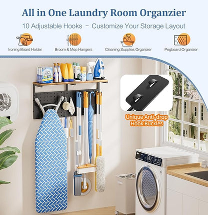 Ironing Board Hanger Wall Mount, Large Storage Iron and Ironing Board Holder, Laundry Room Storage Shelves with Ironing Board Broom Mop Holder, Laundry Accessories Organization and Storage Organizer