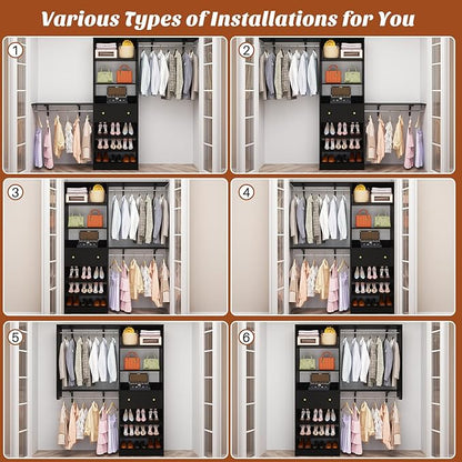 [10 FT Closet System] 120 Inch Reversible Set of 2 Wood Closet Organizer System with 2 Drawers, 4 Hanging Rods Adjustable Shelf, Walk In Closet Organizers with Shoe Rack, Garment Rack, Black