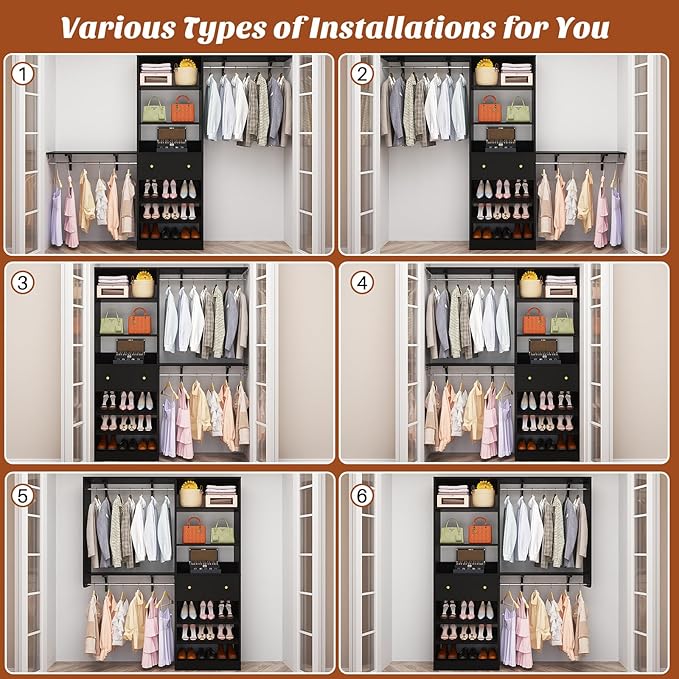 Closet System with Drawer - Reversible 5FT Wood Closet Organizer System with 2 Hanging Rods and Adjustable Shelf, Walk In Closet Organizers with Shoe Rack, Built-In Garment Rack Clothes Rack, Black