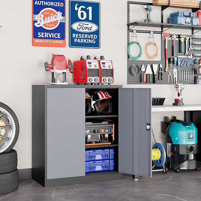 Metal Garage Storage Cabinets with Lock, 36" Tall Tool Cabinet with 2 Door and 2 Adjustable Shelves, Locking Garage Cabinets and Lockable Steel Locker for Home Office Warehouse-(Black Gray-36”H)
