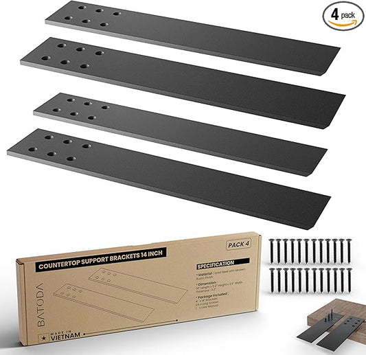 BATODA 14" Countertop Support Brackets (4 pcs) for Granite - Heavy Duty L Shelf Bracket - Wall Mounted Support for DIY Open Shelving – Knee Wall Support - Mounting Hardware Included ( Pack 4 )