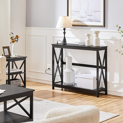 Yaheetech 2 Pack Narrow Console Table with Power Outlets, 40 Inches Entryway Table, Wood Sofa Table with Storage Shelves, Side Table, Display Table, for Hallway, Bedroom, Living Room, Foyer, Black