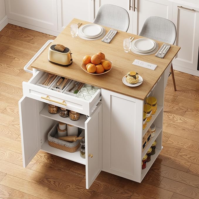 Kitchen Island with Storage, Rolling Kitchen Table with Drop Leaf, Charging Station, 3 Open Adjustable Shelf & Drawer, Towel Rack, Mobile Kitchen Cart for Dining Room, White and Natural