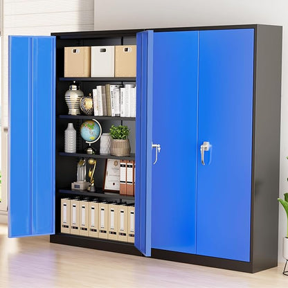 Greenvelly Metal Storage Cabinet with Doors and Shelves, 72" Inch Locking Metal Cabinet,Garage Storage Cabinet for Garage Office School Warehouse (Black Blue)