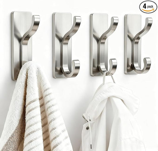 pickpiff Wall Hooks with Adhesive Strip- Easy to Remove, No Residue, Strong Heavy Duty Sticky Towel Hook, 4 Pack Silver