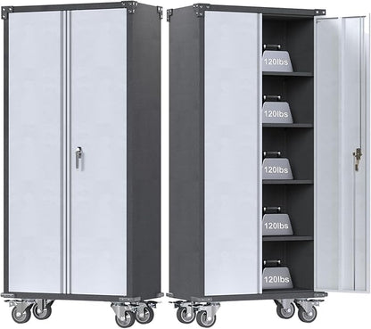Rolling Garage Storage Cabinet with Locking Door and Shelves, 71''H Lockable Metal Storage Cabinet on Wheels, Steel Tool Cabinet for Warehouse, Basement, Utility Room, Black&Gray
