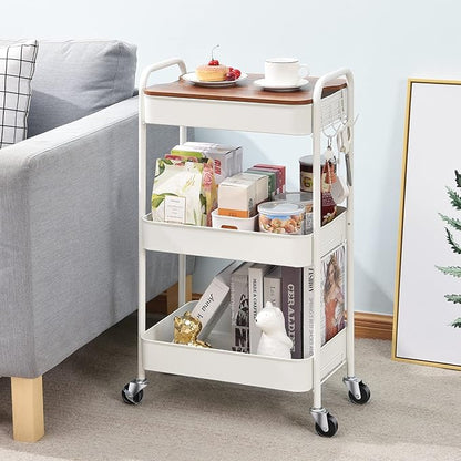 TOOLF 3-Tier Rolling Cart with Table Top, Metal Storage Cart on Wheels, Utility Organizer with Wooden Tray, Lockable Casters, Easy Assembly for Bathroom, Living Room, Office, Kitchen, White