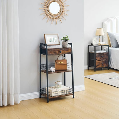3-Tier Ladder Shelf with Drawer, Bathroom Table Stand for Small Space, Bathroom Standing Shelves with Storage for Living Room Bedroom Kitchen, Organizer Shelf, Rustic Brown