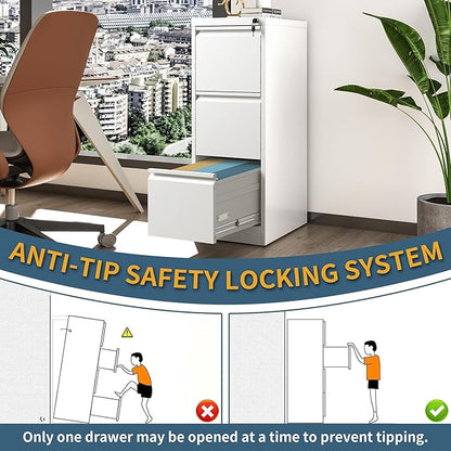 3 Drawer File Cabinet with Lock, Vertical Filing Cabinets for Home Office, Metal Storage Cabinets, Heavy Duty File Cabinet for Letter/Legal/A4/F4 Size Amsseble Required, White