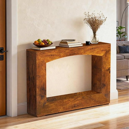 46 Inch Entryway Table U-Shaped, Wooden Console Table with Socket Farmhouse Sofa Table for Entrance, Hallway, Living Room,Behind Couch(Rustic Brown)