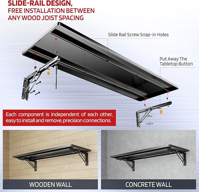1.3x4FT Adjustable Garage Shelf Wall Mounted Fold Down Shelf Metal Heavy Duty Black 1Pack